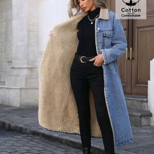 Long Sherpa-Lined Denim Coat in Light Blue and Beige